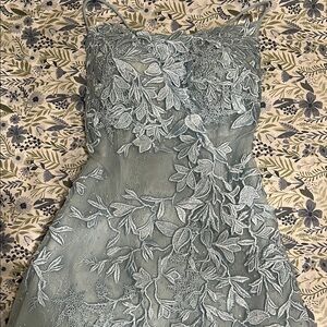 Sherri Hill Dusty Blue Lace Appliqué Prom Dress